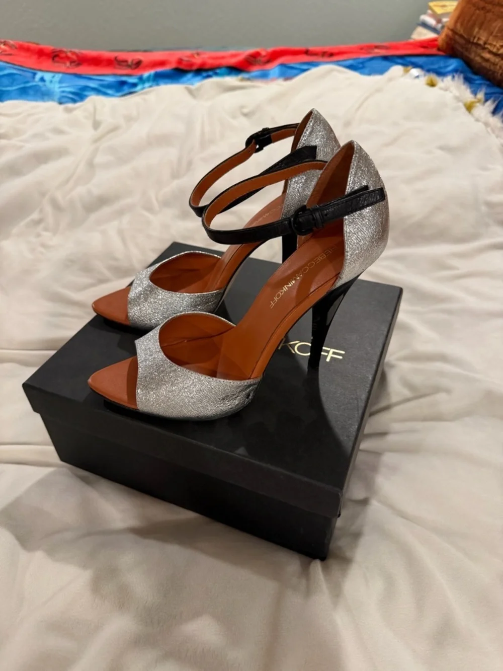 Rebecca Minkoff Ellie Silver Cracked Leather Open-Toe Ankle-Strap Heels 9M